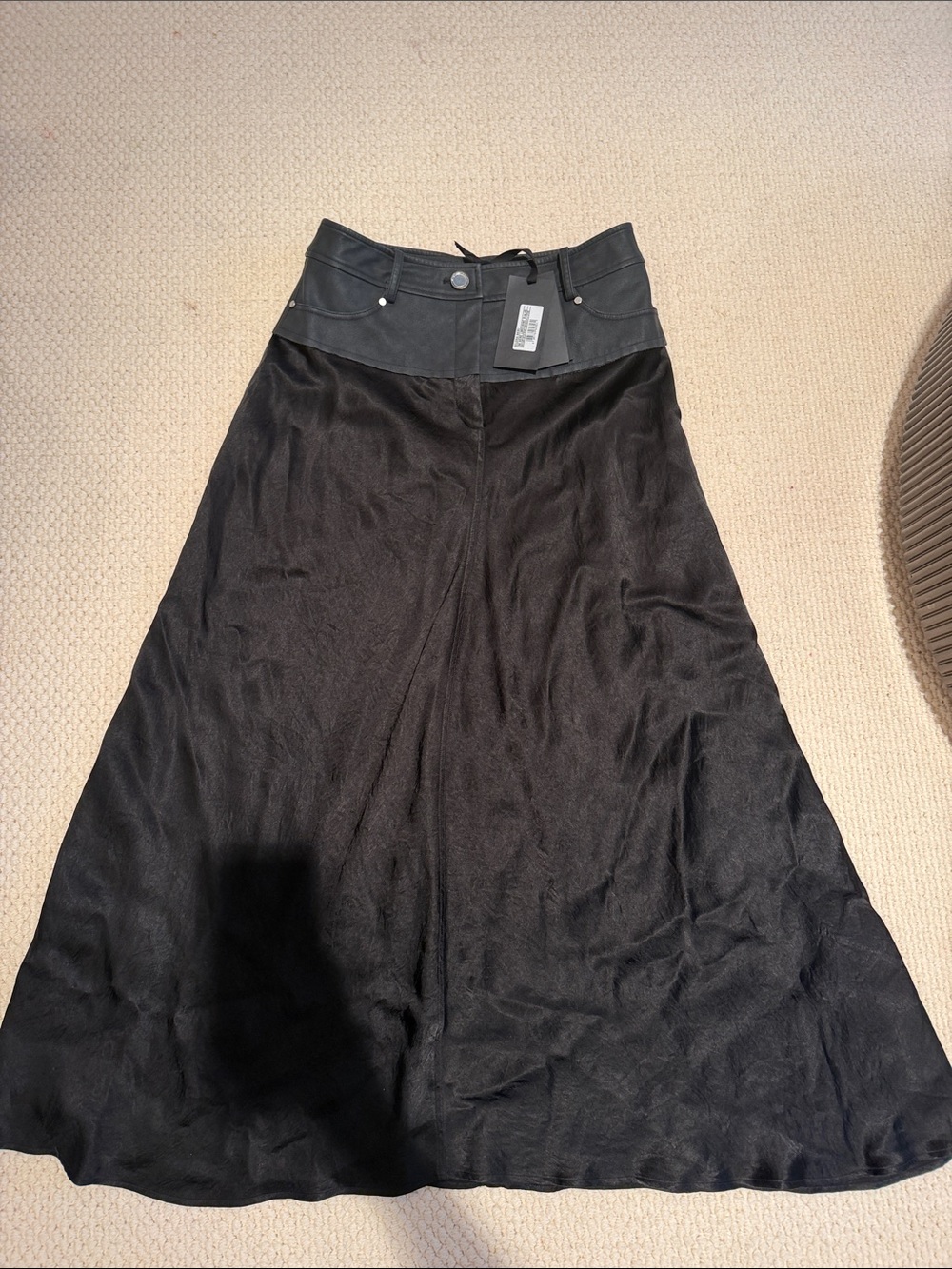Pinko Black A-Line Midi Skirt with Leather-Look Waistband